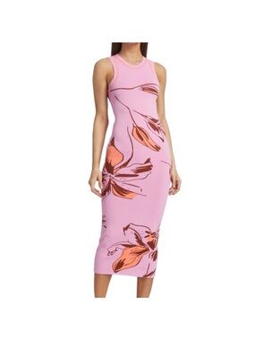 Tanya Taylor Nadine Pink Midi Dress with Orange Floral Print